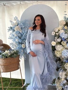 Craft Light Blue Satin Maternity Maxi Dress with Feather Trim